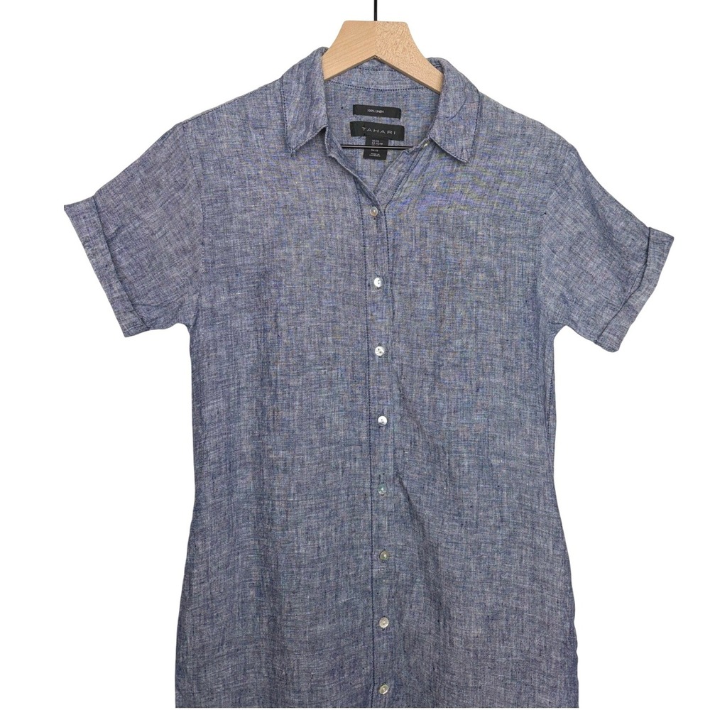 Tahari Blue 100% Linen Short Sleeve Button Front Shirt Minimalist‎  Dress XS - Picture 3 of 12